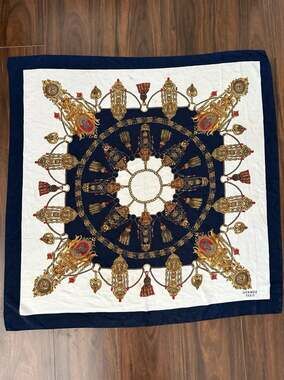 Vintage Hermès Paris Medallions and Tassels 100% Silk Scarf Navy Gold